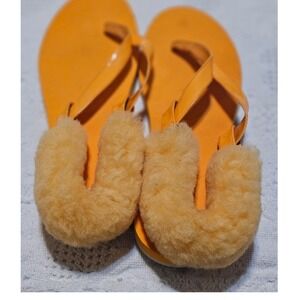 UGG Fluff Flip Flop III Orange Patent Leather Sheepskin Sandals 1090387 Women 11